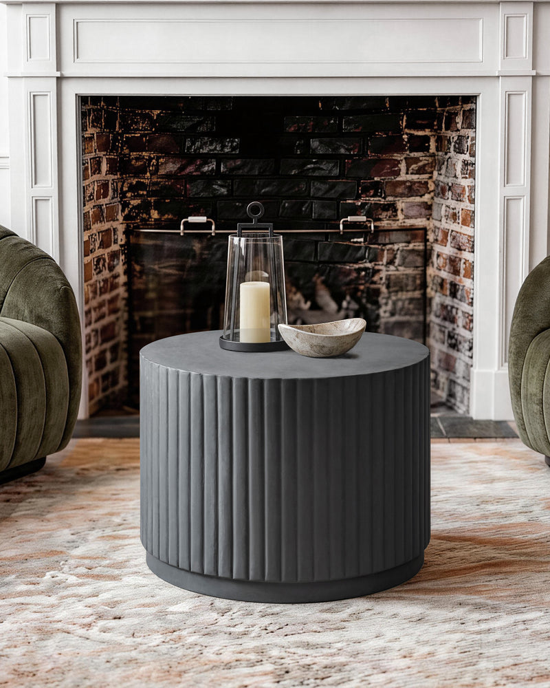 Black Modern Round Fluted Drum Magnesium Oxide End Table