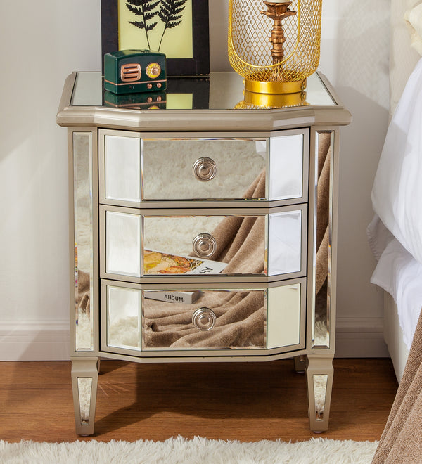 Accent Mirror Glass 3 Drawers Vintage Nightstand End Table