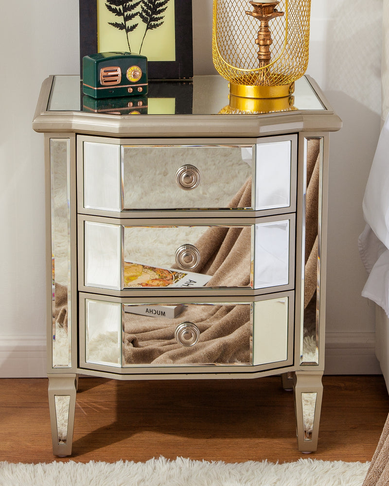 Accent Mirror Glass 3 Drawers Vintage Nightstand End Table