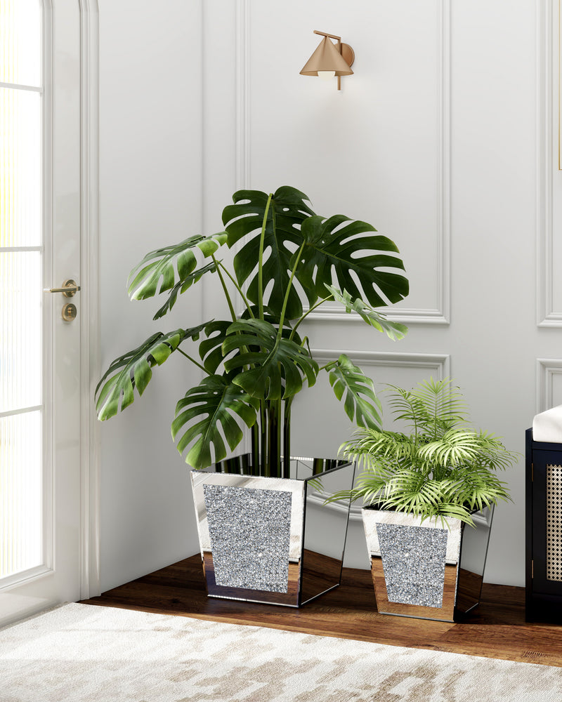 Silver Pot Planter crushed diamond vase ,Set of 2