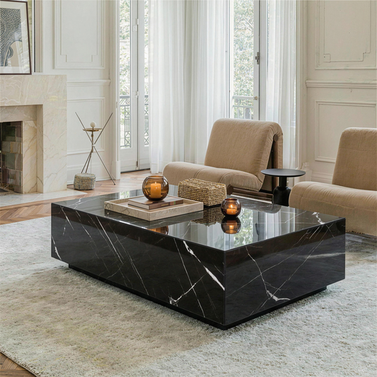 Black Faux Marble Solid Block Rectangular Coffee Table