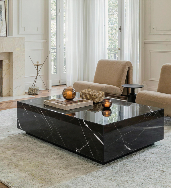 Black Faux Marble Solid Block Rectangular Coffee Table