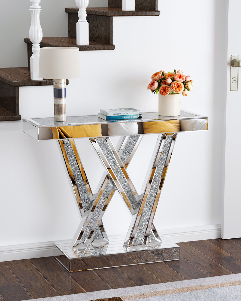 Modern Console Table Mirrored Finished, Glam Style W Silver Entryway Table