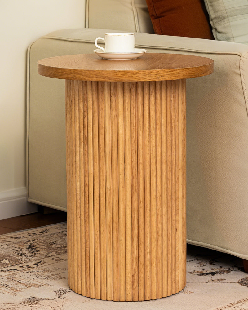 Natural Wood Round Wood End Table Fluted Pedestal Side Table