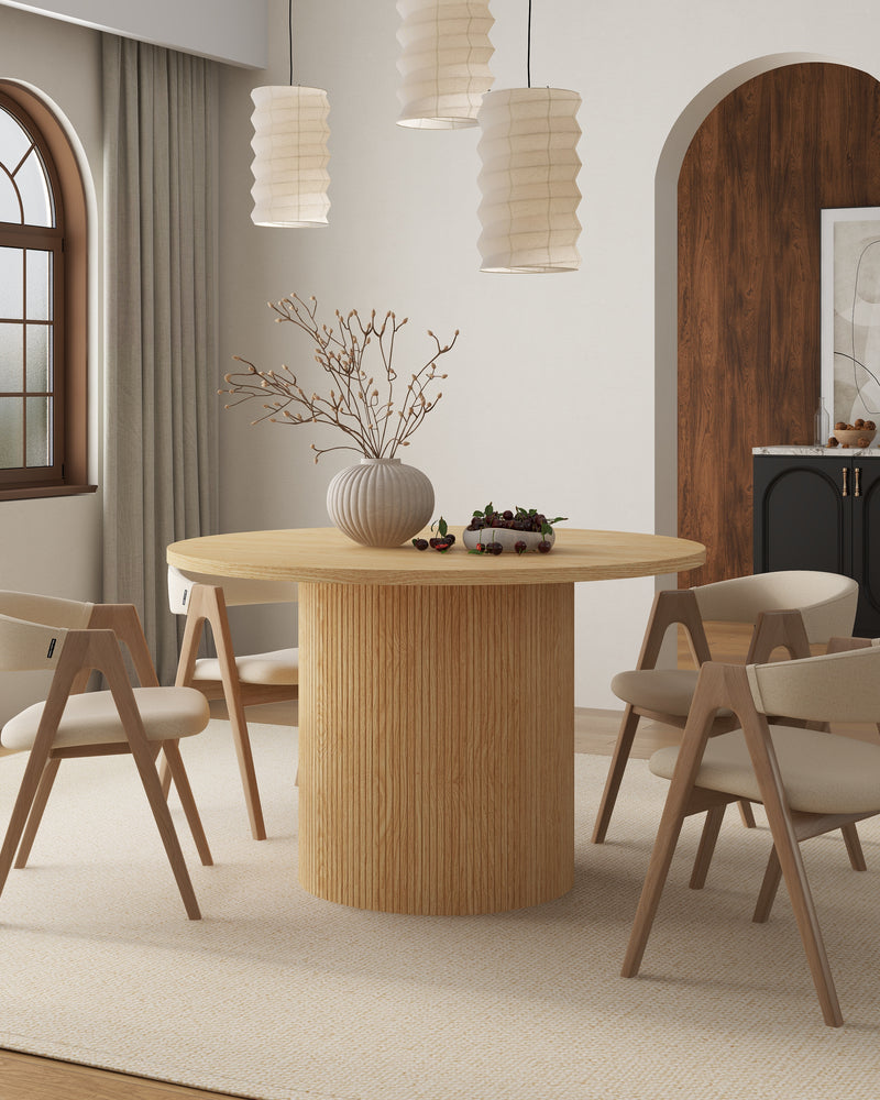 Oak Wood Round Fluted Pedestal Dining Table