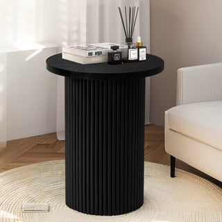 Black Round Wood End Table Fluted Pedestal Side Table