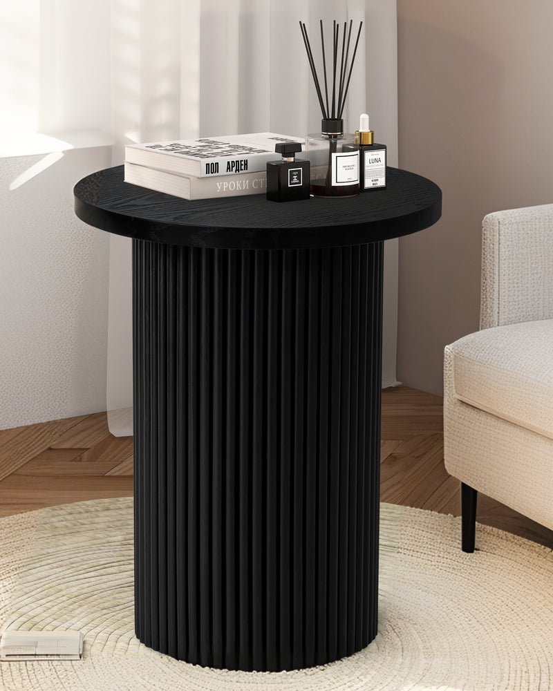 Black Round Wood End Table Fluted Pedestal Side Table