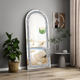 SHYFOY Glass Framed Arched-Top Floor Mirror with Crushed Diamond