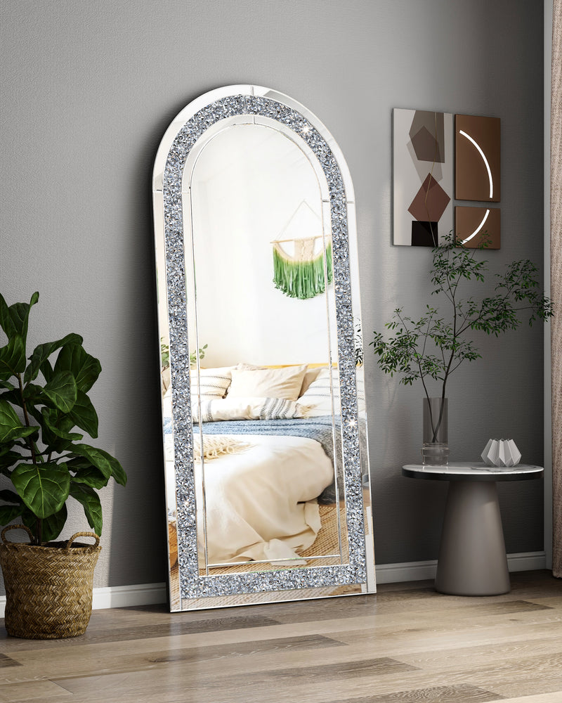 SHYFOY Glass Framed Arched-Top Floor Mirror with Crushed Diamond