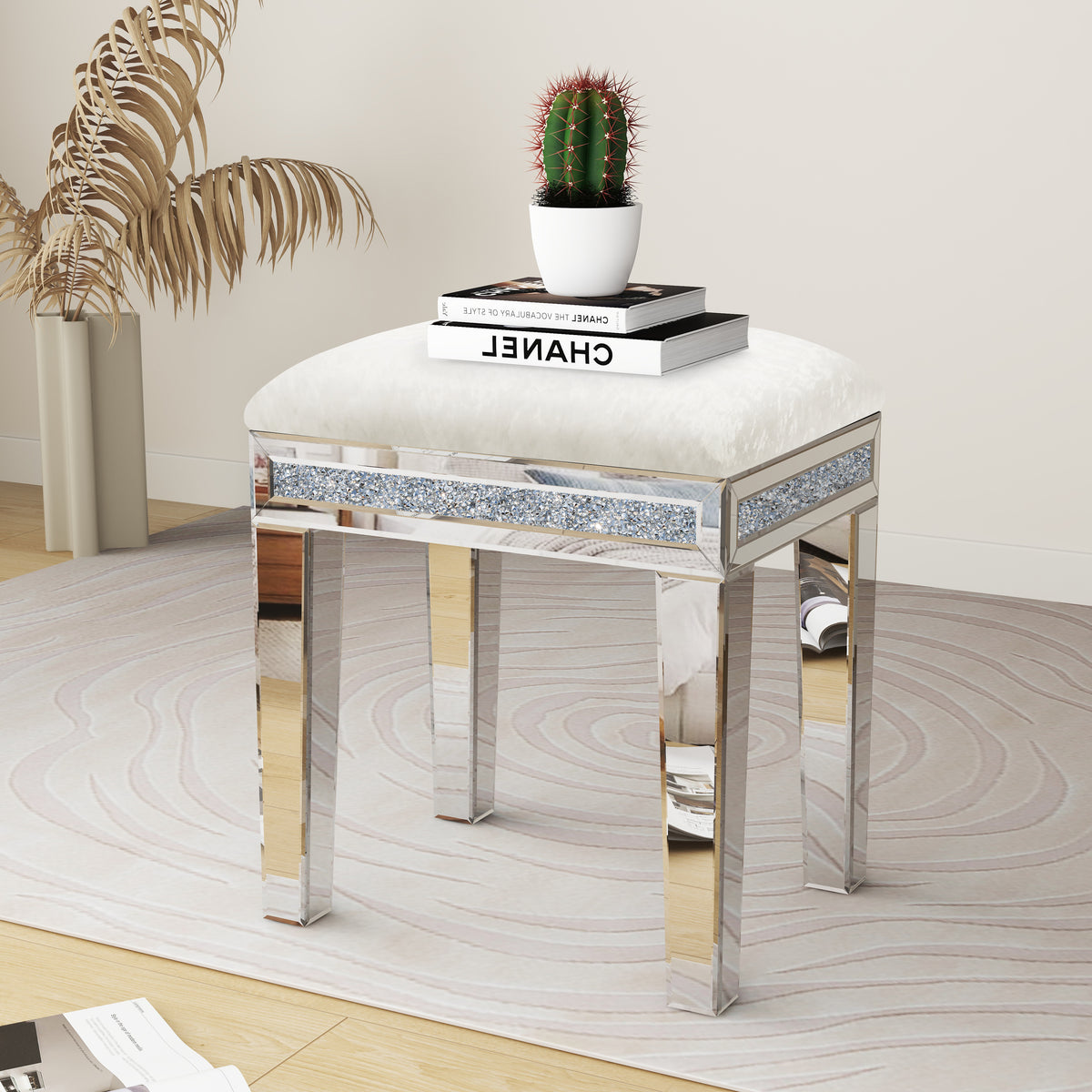 White Mirror Diamond Vanity Stool with Velvet Upholstered Seat