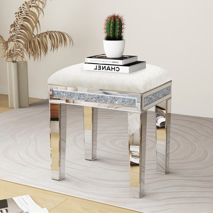White Mirror Diamond Vanity Stool with Velvet Upholstered Seat