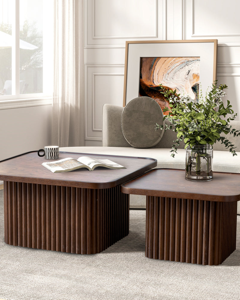 Square Wood Pedestal Coffee Table with Fluted Base
