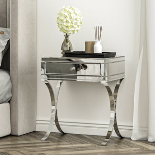 Mirrored Bedside Table with Stainless Steel,Silver Single Drawer Mirrored Night Table