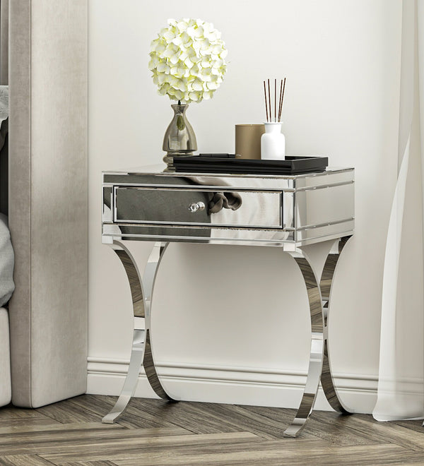 Mirrored Bedside Table with Stainless Steel,Silver Single Drawer Mirrored Night Table