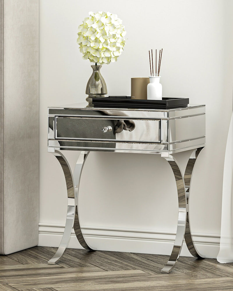 Mirrored Bedside Table with Stainless Steel,Silver Single Drawer Mirrored Night Table