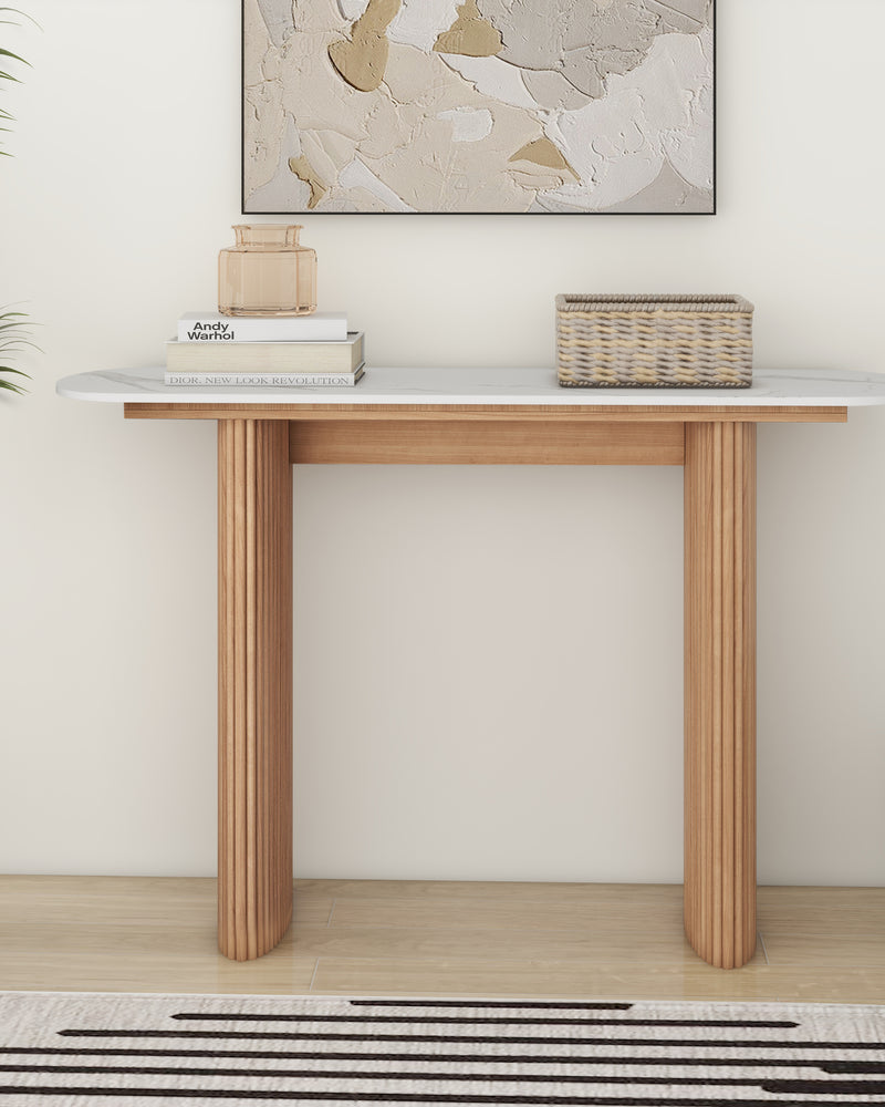 Natural  Marbled Wood Console Table Entryway Table with Fluted Base