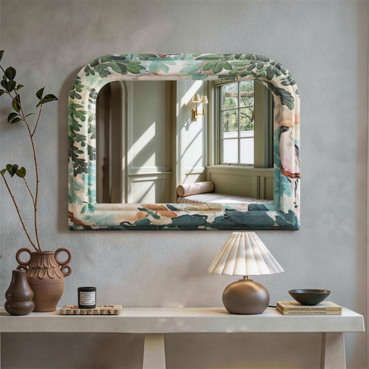Arched Floral Fabric Wrapped Wood Frame Horizontal Wall Mirror