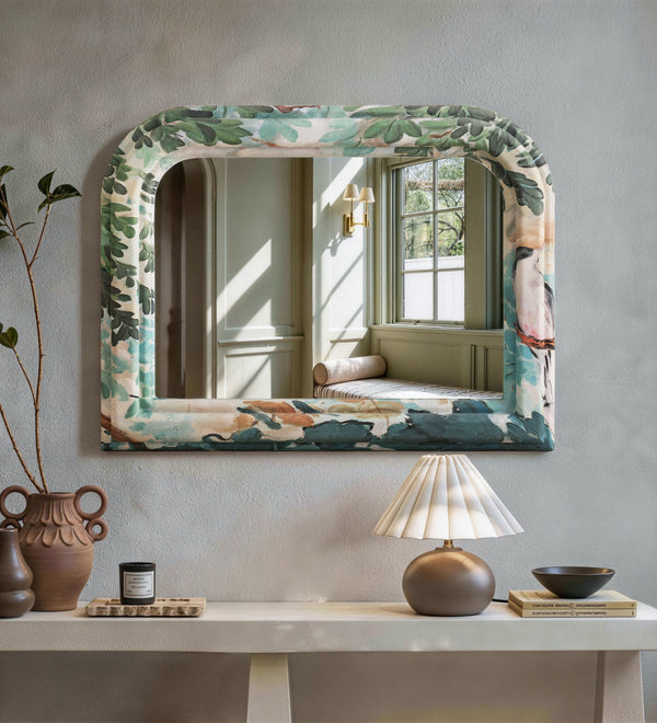 Arched Floral Fabric Wrapped Wood Frame Horizontal Wall Mirror