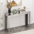 Silver Mirrored Console Table with Geometric Lines Design, Minimalist Glass Entryway Table