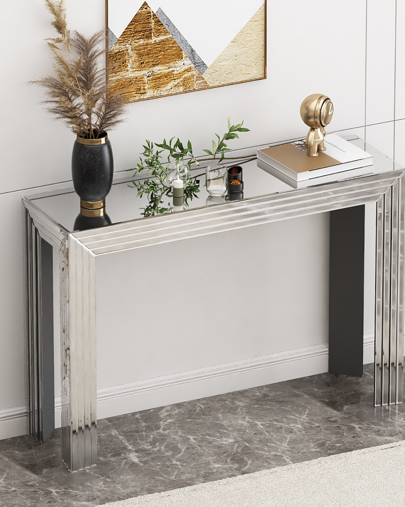 Silver Mirrored Console Table with Geometric Lines Design, Minimalist Glass Entryway Table