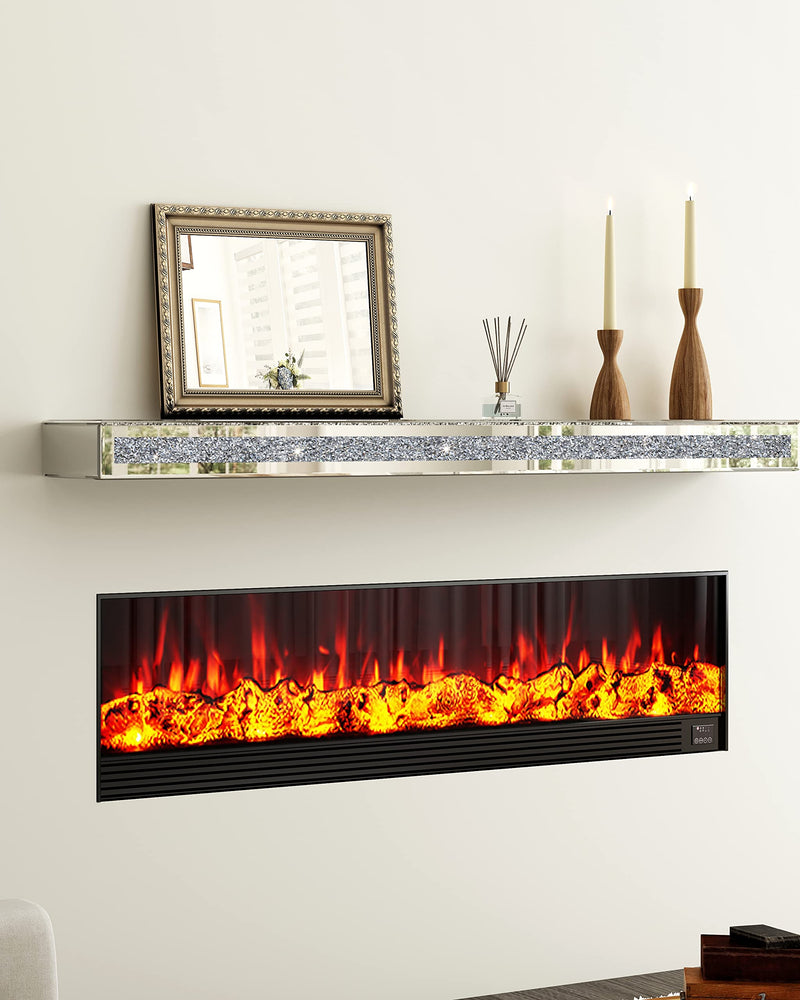 Fireplace Mantel, Mirrored Floating Shelf with Crystal Crushed Diamond Inlay