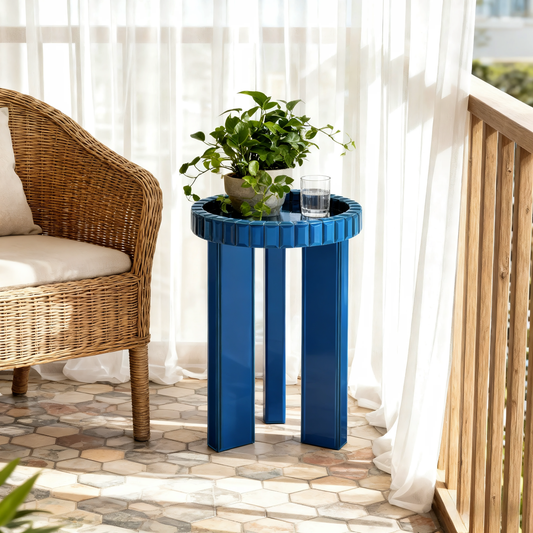 Blue Mirrored End Table,  Round Glass Side Table with Three Legs