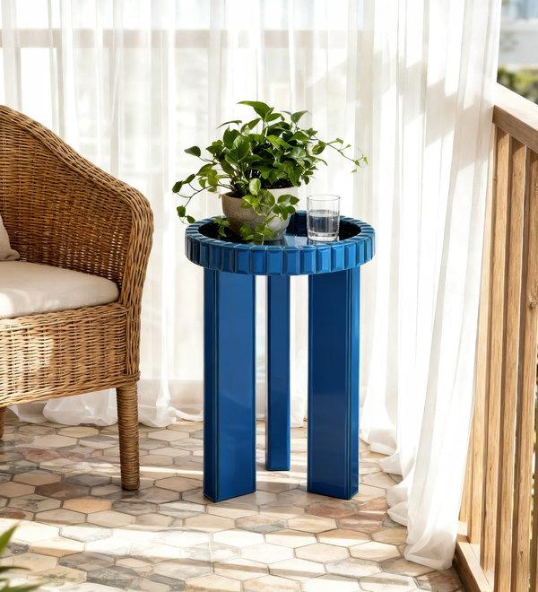 Blue Mirrored End Table,  Round Glass Side Table with Three Legs