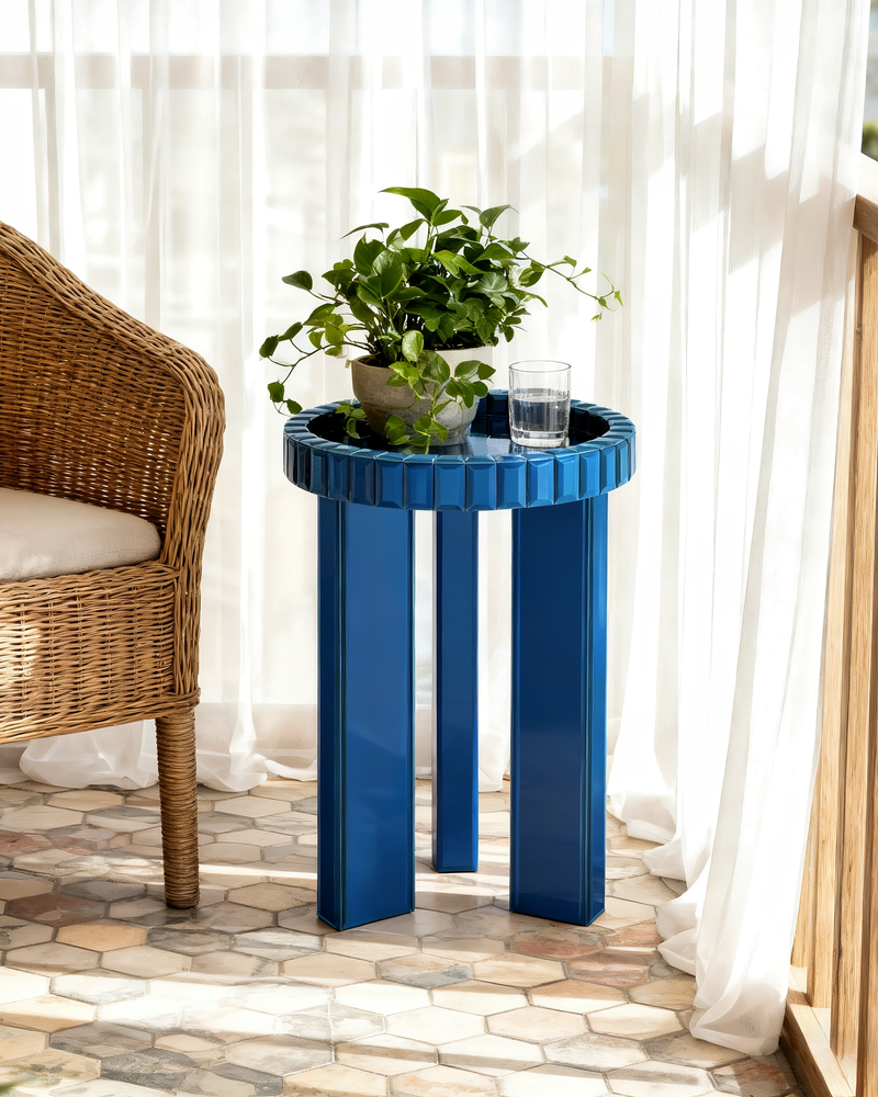 Blue Mirrored End Table,  Round Glass Side Table with Three Legs
