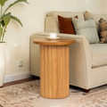 Natural Wood Round Wood End Table Fluted Pedestal Side Table