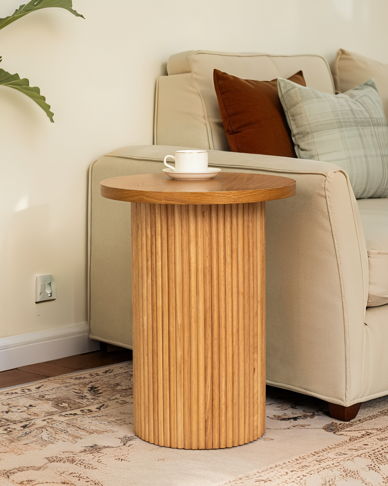 Natural Wood Round Wood End Table Fluted Pedestal Side Table