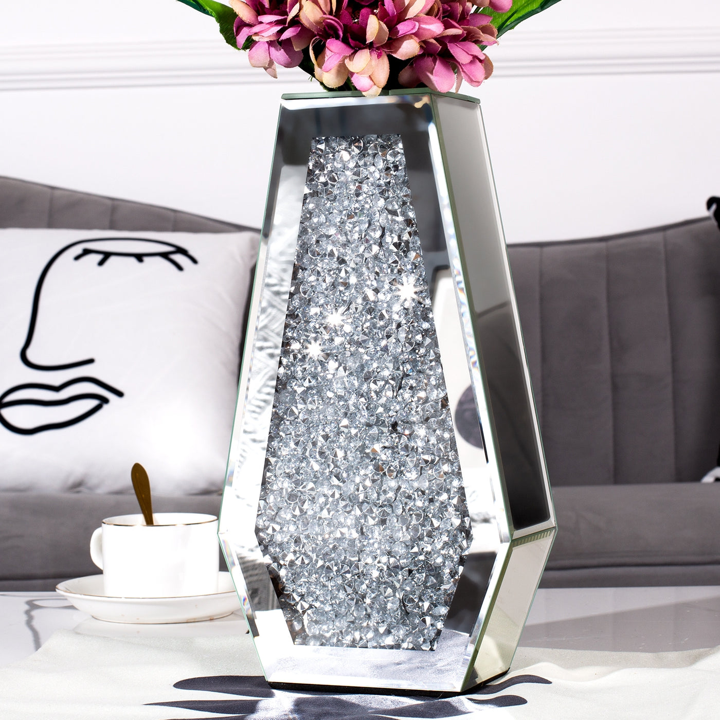 Blumenvase Zerkleinerte Diamantvasen für Dekoration Silberne Spiegelvasen für Tafelaufsätze