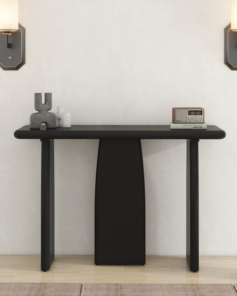 Black Modern Console Table with 3 Legs, Natural Wood Grain Entryway Table