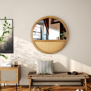Rattan Round Mirror 24 Inch Bohemian Accent Wall Mirror