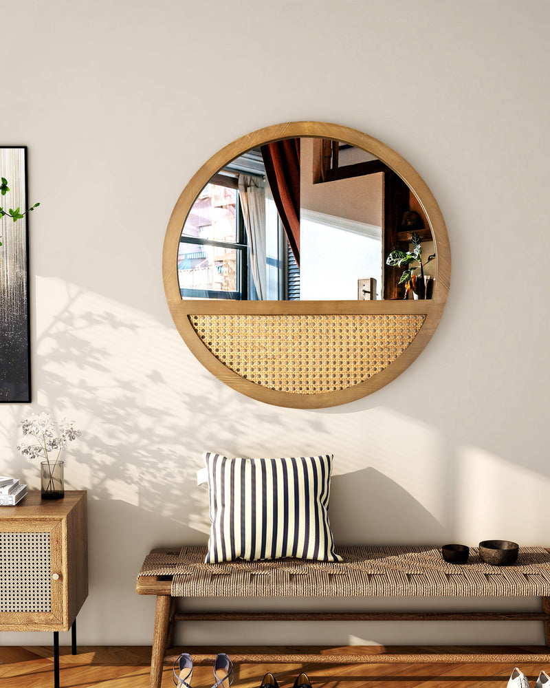 Rattan Round Mirror Bohemian Accent Wall Mirror