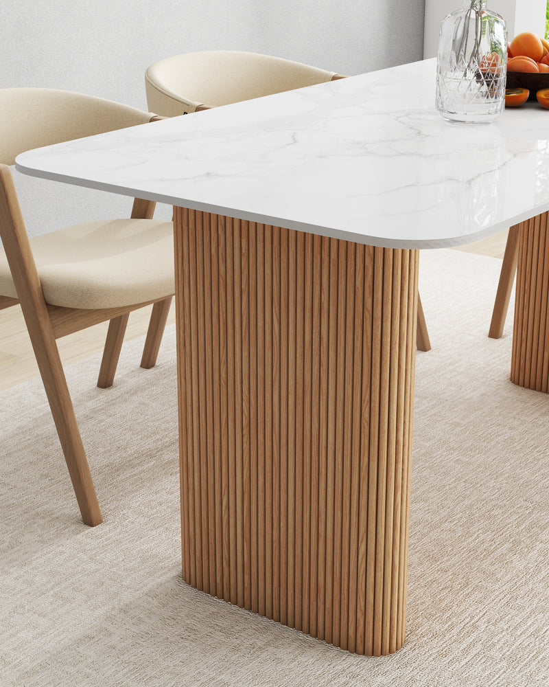 Marble Top Dining Table with Pedestal Grain Wood Base