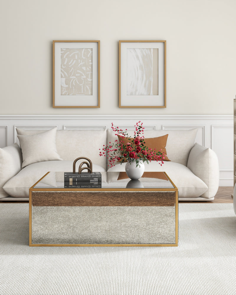 Mirrored Coffee Table, Rectangular Glass Dinning Table with Brushed Gold Frame