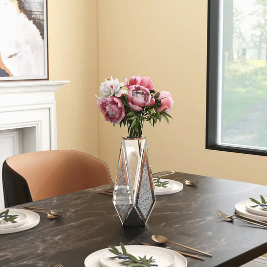 SHYFOY Crushed Diamond Mirror Vase Flower Vase, Silver Crystal Decorative Vase Glass Stunning Mirrored Vase Flower Luxury for Home Decor