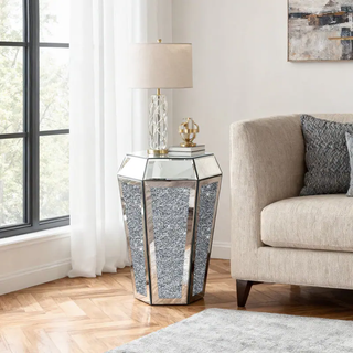 Hexagonal Mirror Top End Table with Crystal Inlay