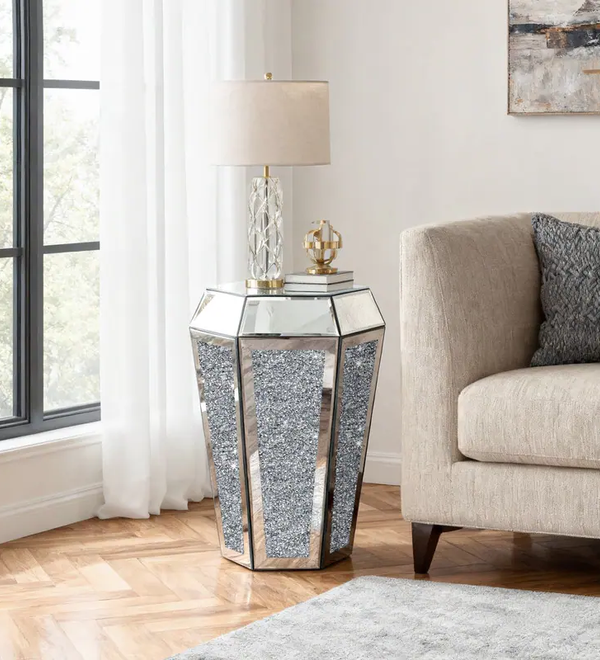 Hexagonal Mirrored Side Table with Crushed Crystal Inlay
