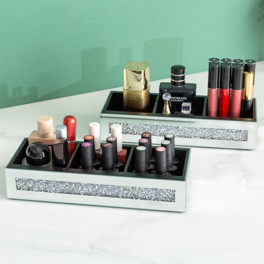 SHYFOY 2 Pack Mirrored Drawer Organizer Tray, 3 Compartment Crushed Diamond Glass Makeup Tray Organizer for Vanity, 9 3/4" L x 3 3/4" W x 2" H