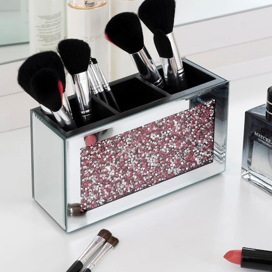 SHYFOY Mirrored Makeup Brush Holder Organizer, 3 Slots Glass Cosmetic Brushes Storage Holder with Pink Crushed Diamond, Accessories for Vanity