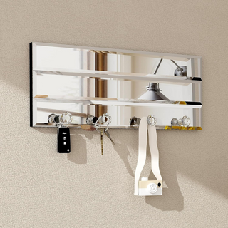 SHYFOY Silver Glass Key Hook with Mirror, 4 Crystal Hooks, Wall Mirror Plaque Art Home Decor for Entryway Door, Wallet Coat Wall Rack, 11.8" x 4.7" x 0.5"