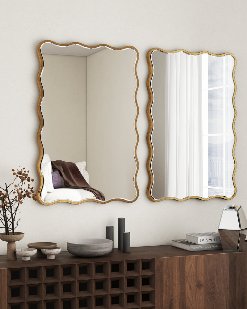 Antique Rectangle Wave Accent Wall Mirror Modern Gold Metal Mirror
