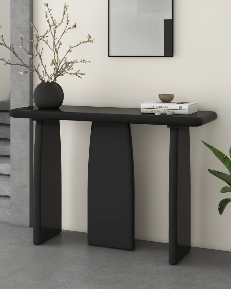 Black Modern Console Table with 3 Legs, Natural Wood Grain Entryway Table