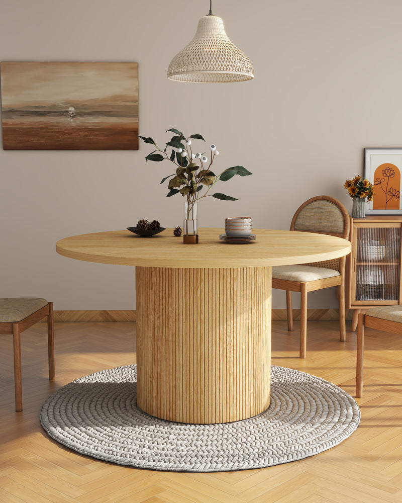 Oak Wood Round Fluted Pedestal Dining Table