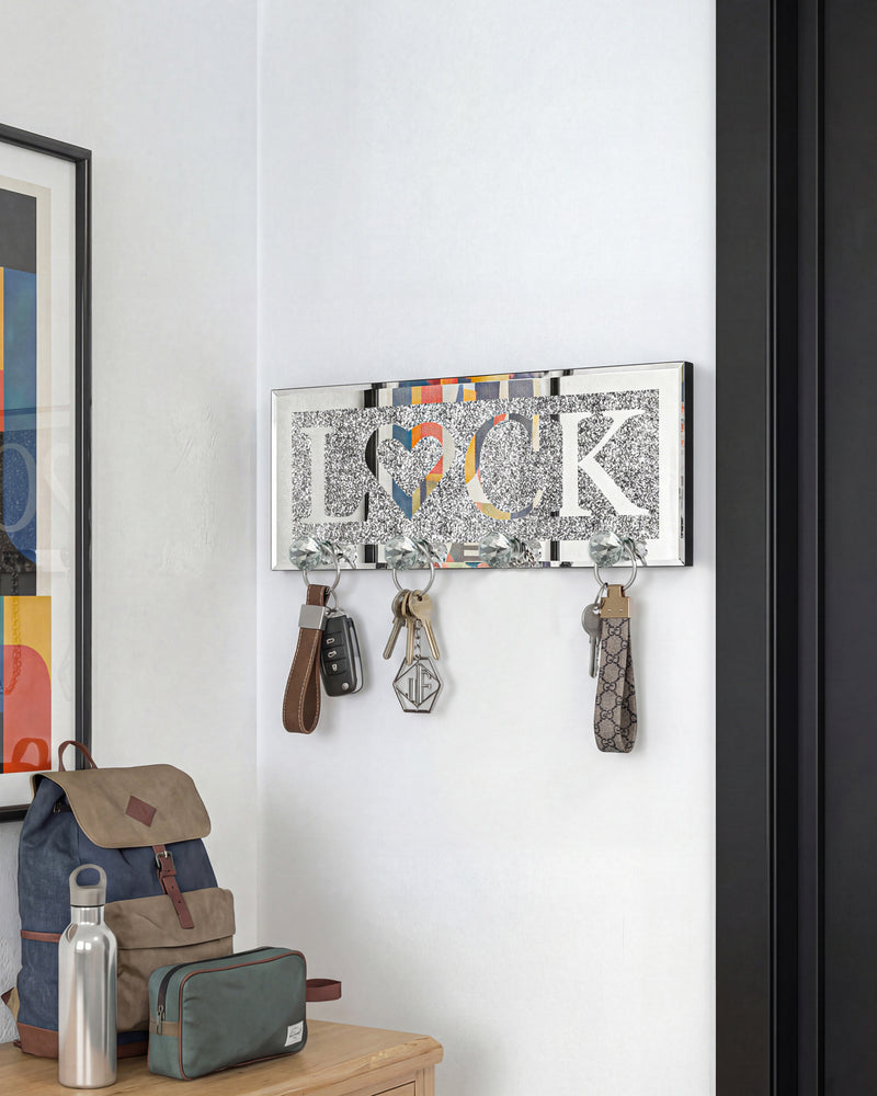 Mirrored LOCK Key Holder with Crystal Hooks, Sparkly Silver Mirror Wall Decor