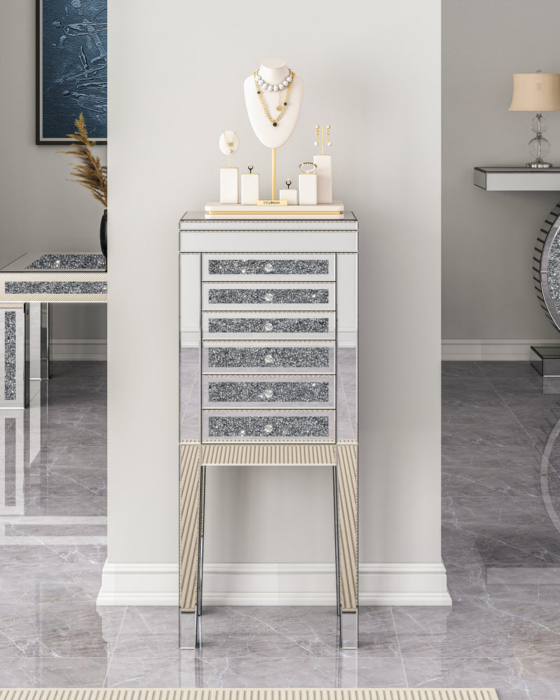 Mirrored Glass Jewelry Armoire with Crushed Diamond Inlay