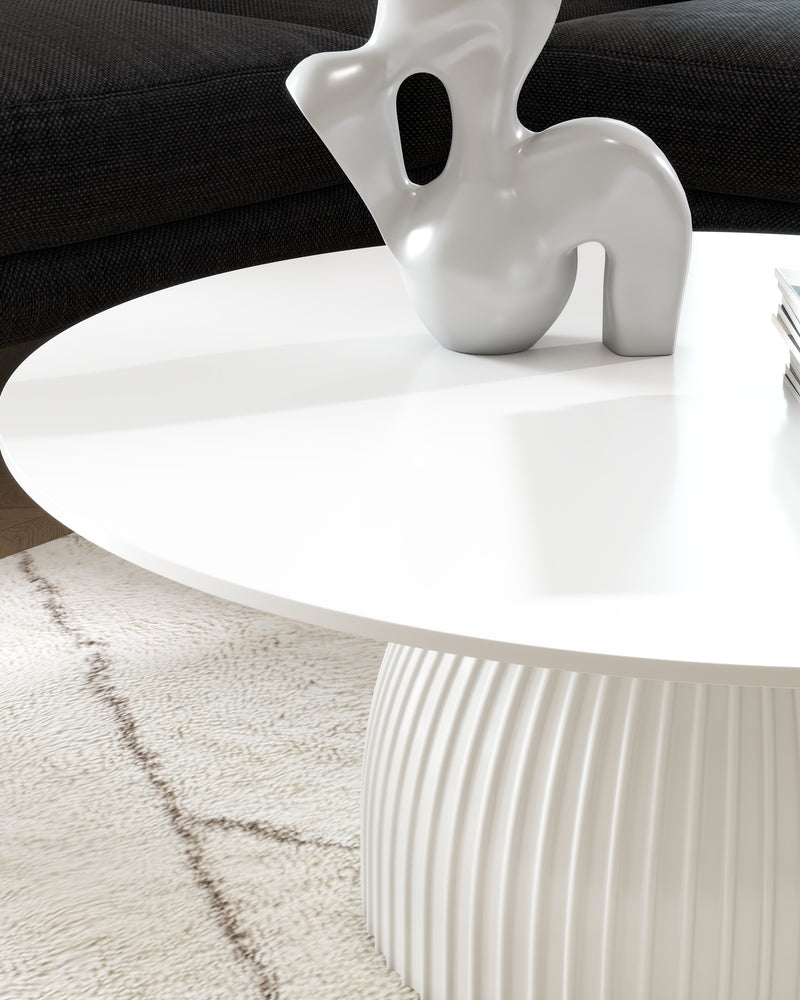 Modern Round Coffee Table, 35.4 inch White Drum Design