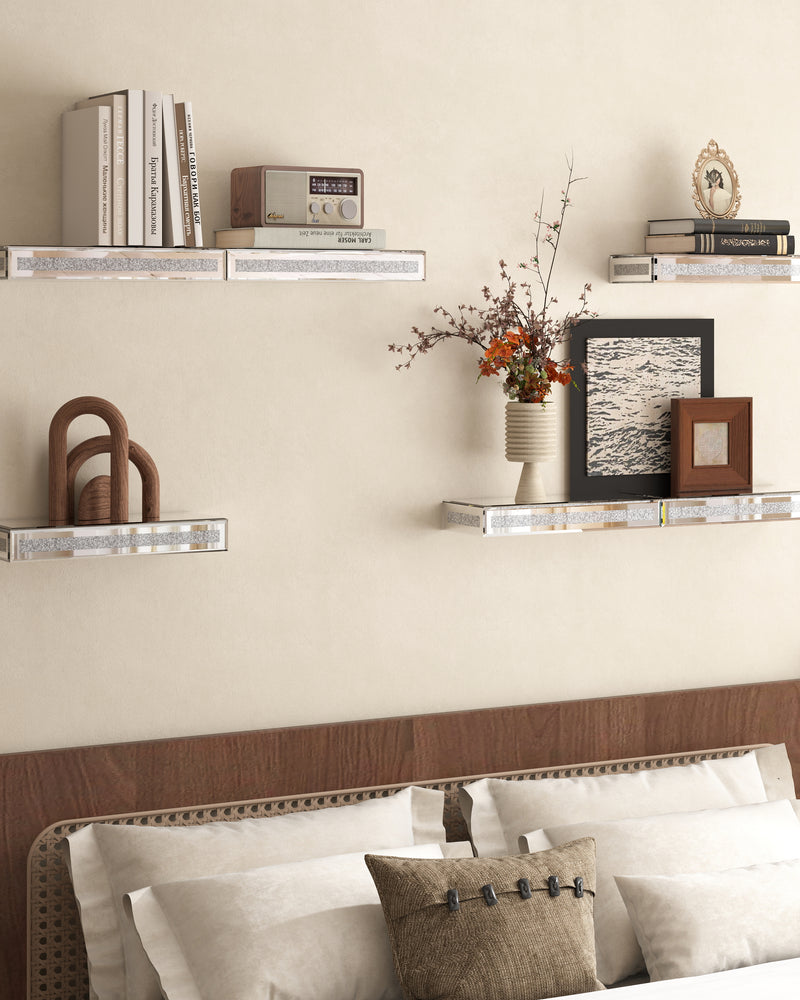 Mirrored Floating Shelves Wall Mounted Set of 6, Glitter Glass Mirror Storage Wall Shelves