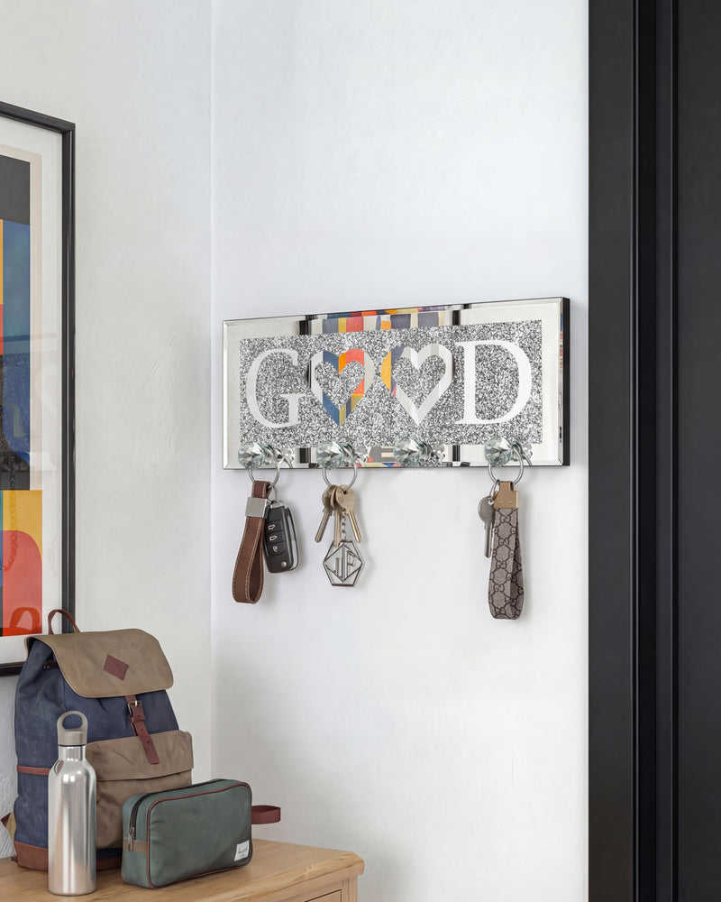 GOOD Mirrored Key Holder with Crystal Hooks, Sparkly Silver Mirror Wall Decor